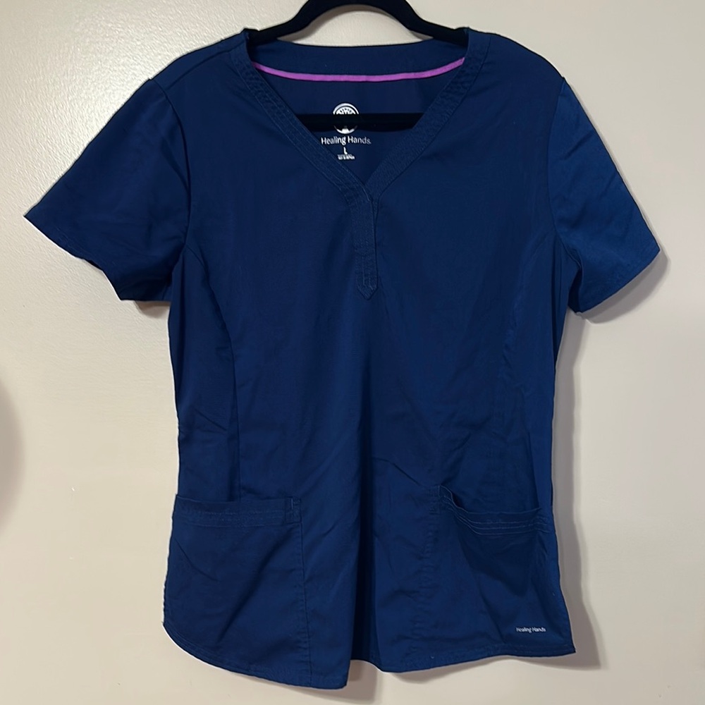 healing hands Navy V-Neck Short Sleeve Scrub Top with Pink Trim